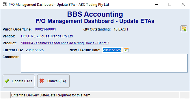 P/O Management Dashboard - Update ETAs screen