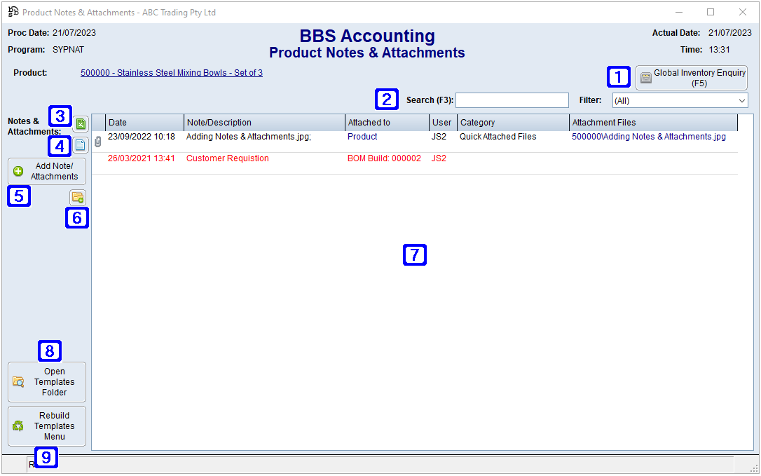 Product Notes & Attachments Screen Product Notes & Attachments Screen