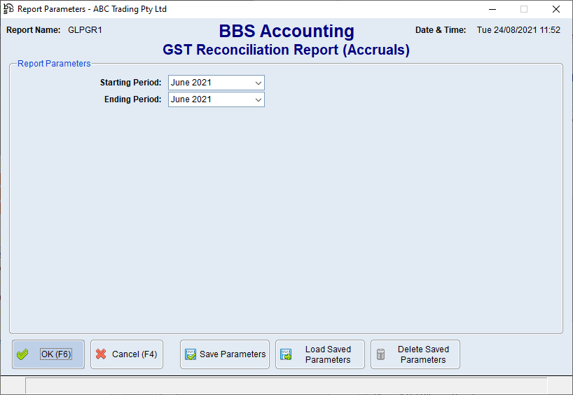 GST Reconciliation Report (Accruals) Screen