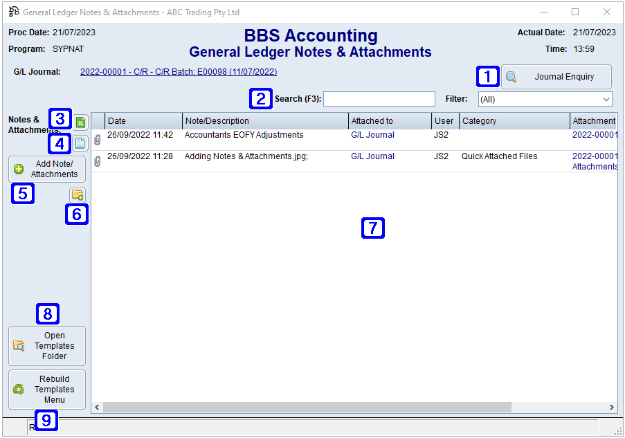 General Ledger Notes & Attachments Screen General Ledger Notes & Attachments Screen