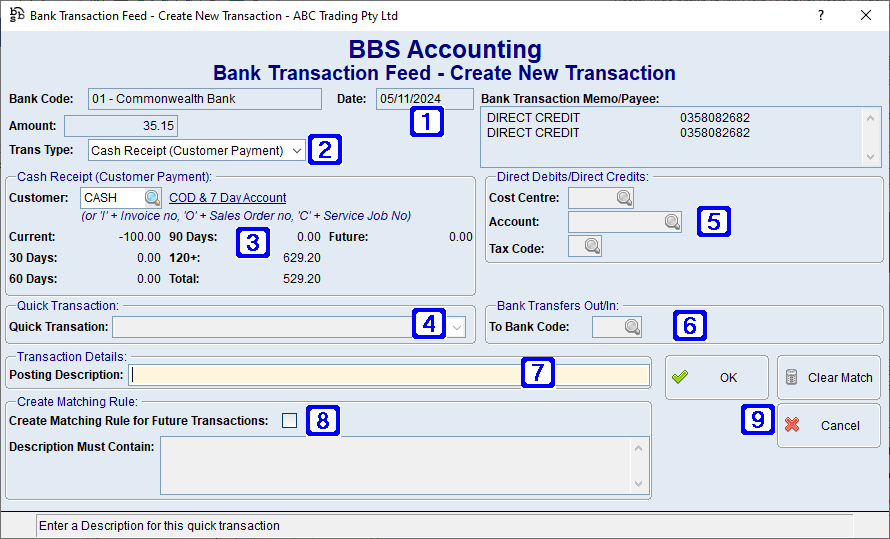 Bank Transaction Feed - Create New Transaction Screen