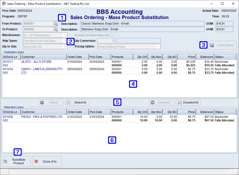 Sales Ordering - Mass Product Substitution Screen