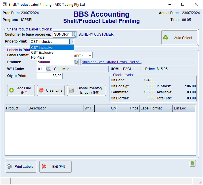 Shelf/Product Label Printing Screen Shelf/Product Label Printing Screen