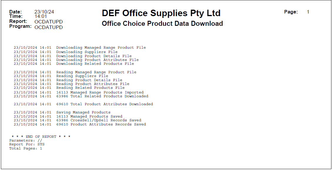 Example of Office Choice Product Data Download Report