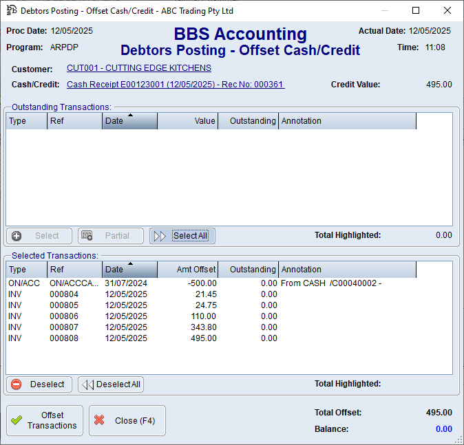 Debtors Posting - Offset Cash/Credit Screen