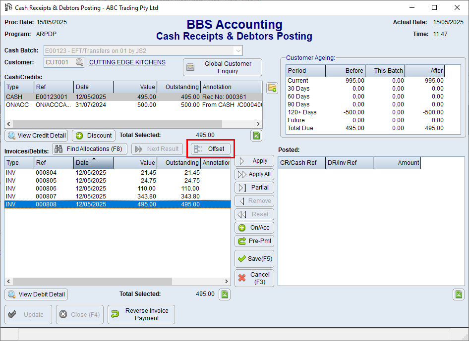 Cash Receipts & Debtors Posting Screen