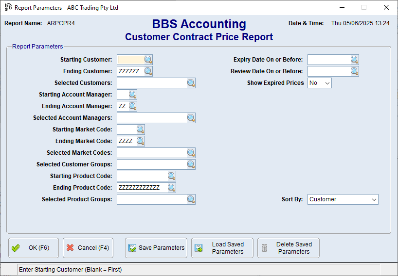 Customer Contract Price Report Screen