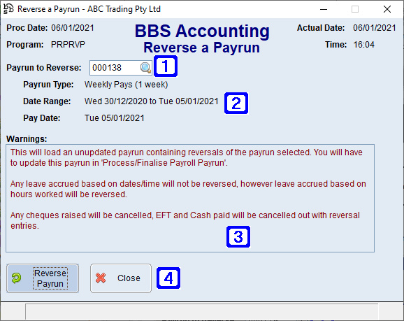 Reverse a Payrun Screen Reverse a Payrun Screen